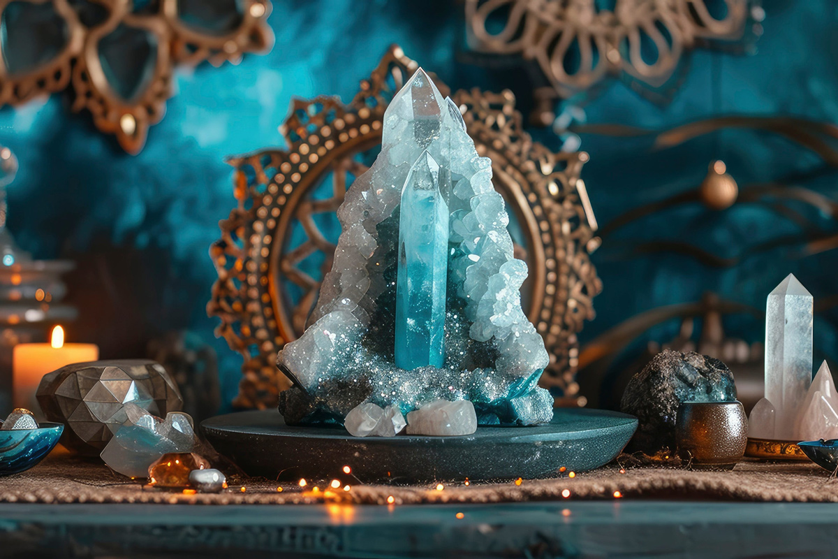 Aqua colored crystal cluster with pillar crystals and candles surrounding it.