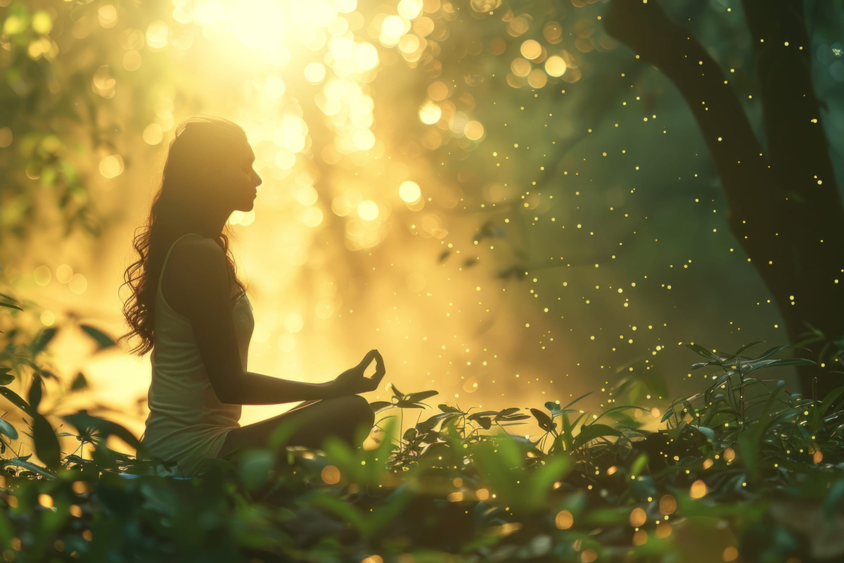 The side view of a woman sitting in the foliage on the forest floor while meditating in the glow of the sun.