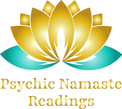 Psychic Namaste Readings Logo featuring a lotus flower in gold and aqua.