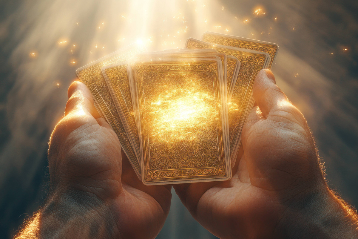 A man's hands holding golden tarot cards with sun light streaming down on them.